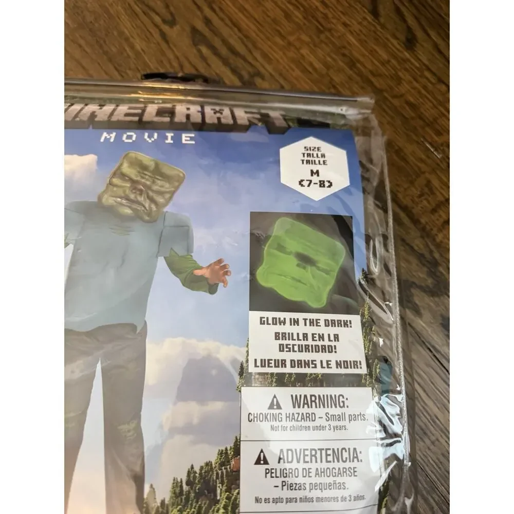 Minecraft Movie Zombie Costume Kids Sz M 7-8 Glow In The Dark Mask Costume NWT